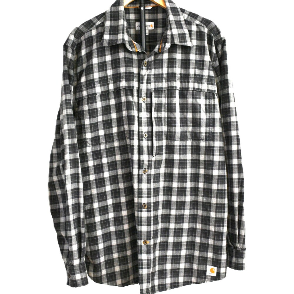 Carhartt Force Mens L Relaxed Fit Plaid Shirt Black Gray Long Sleeve Zip Pocket